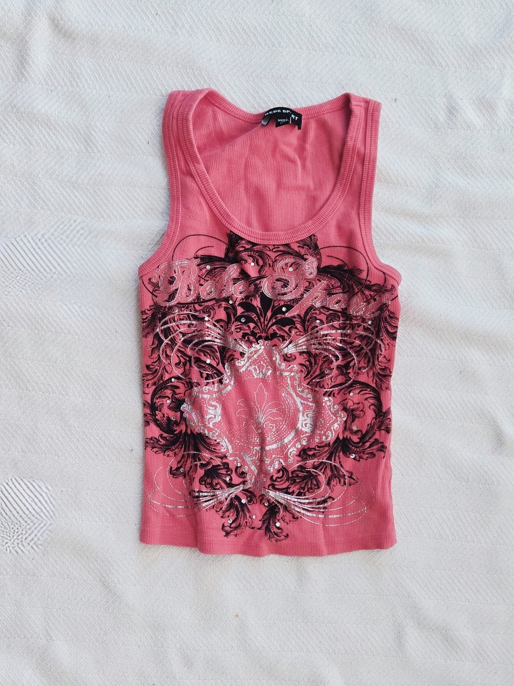 Bebe Pink Graphic Ribbed Tank with Black and Silver Motif